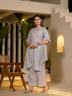Yufta Sky Blue Pure Cotton Floral Print Straight Kurta With Palazzo And Dupatta Set | Grocsy