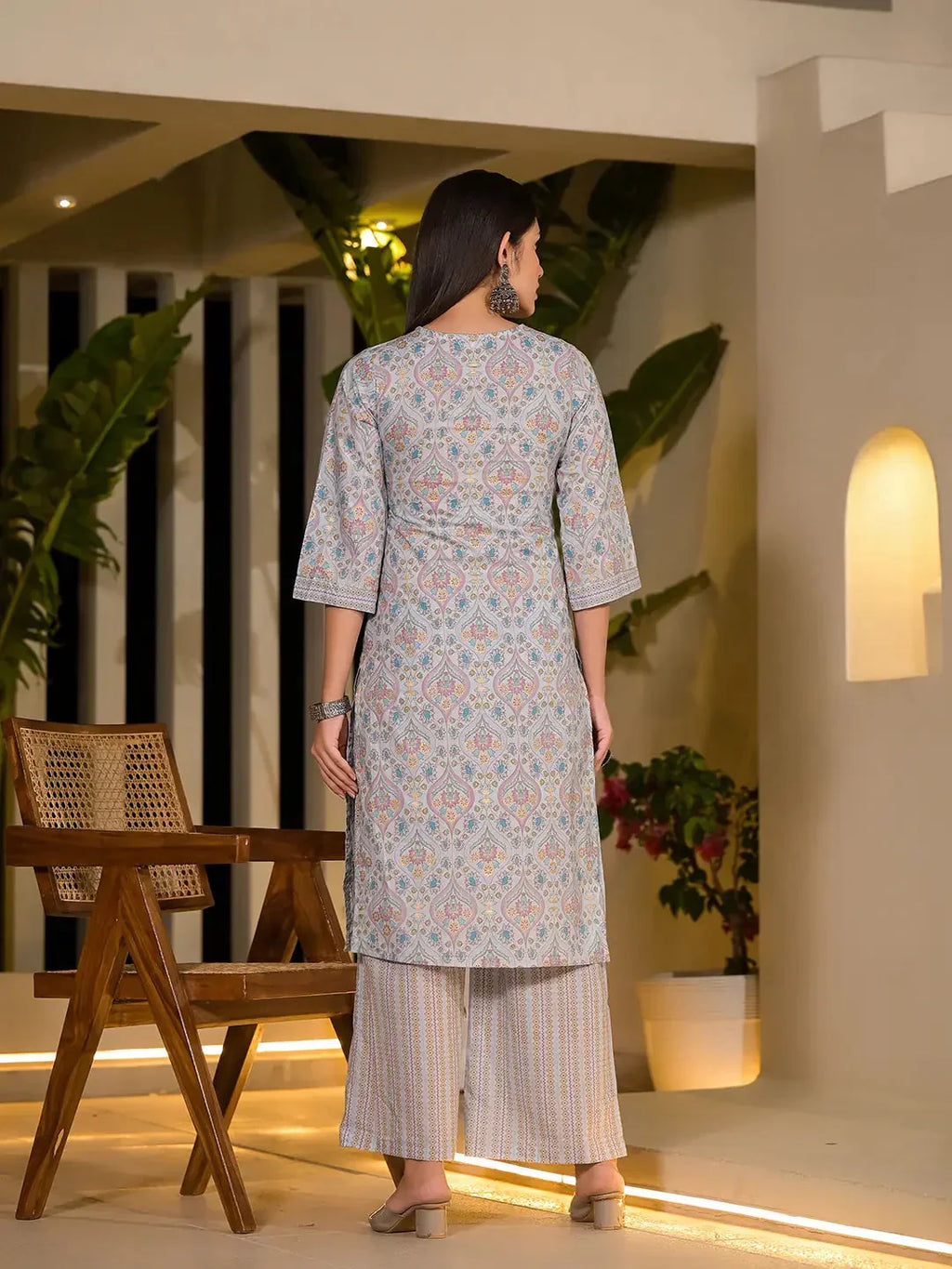 Yufta Sky Blue Pure Cotton Floral Print Straight Kurta With Palazzo And Dupatta Set | Grocsy