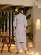 Yufta Sky Blue Pure Cotton Floral Print Straight Kurta With Palazzo And Dupatta Set | Grocsy