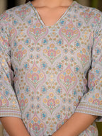 Yufta Sky Blue Pure Cotton Floral Print Straight Kurta With Palazzo And Dupatta Set | Grocsy