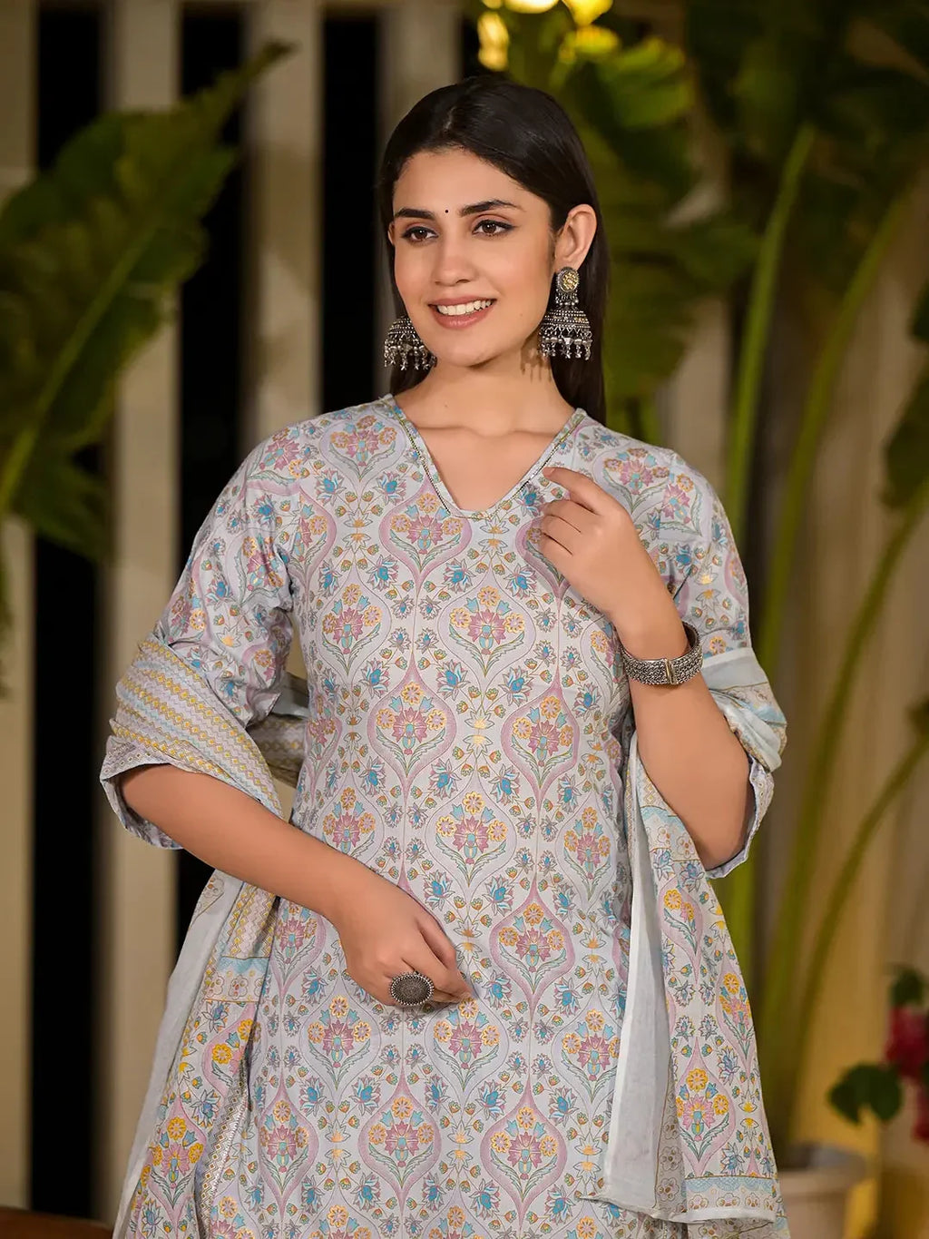 Yufta Sky Blue Pure Cotton Floral Print Straight Kurta With Palazzo And Dupatta Set | Grocsy