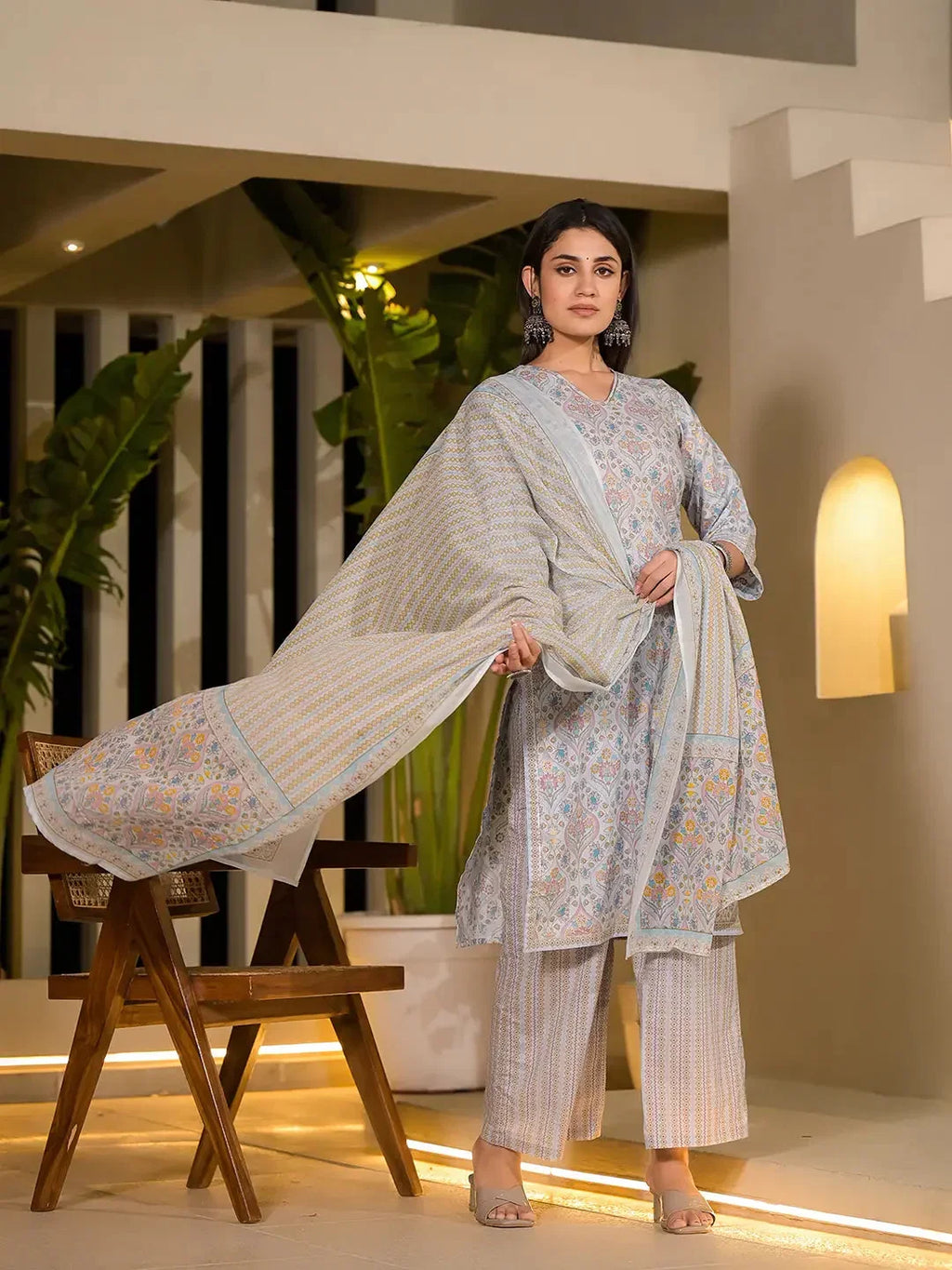 Yufta Sky Blue Pure Cotton Floral Print Straight Kurta With Palazzo And Dupatta Set | Grocsy