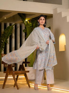 Yufta Sky Blue Pure Cotton Floral Print Straight Kurta With Palazzo And Dupatta Set | Grocsy