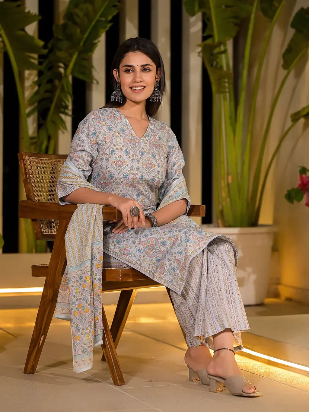 Yufta Sky Blue Pure Cotton Floral Print Straight Kurta With Palazzo And Dupatta Set | Grocsy