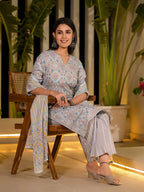 Yufta Sky Blue Pure Cotton Floral Print Straight Kurta With Palazzo And Dupatta Set | Grocsy