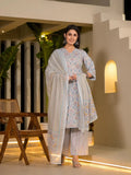 Yufta Sky Blue Pure Cotton Floral Print Straight Kurta With Palazzo And Dupatta Set | Grocsy