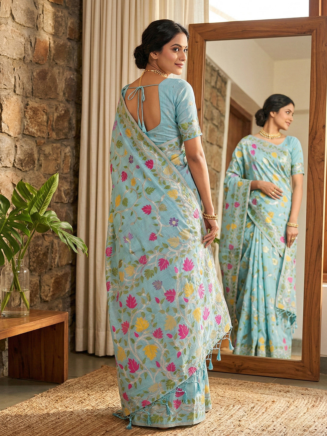 Anaita Sky Blue Linen Woven Work Saree With Blouse | Grocsy