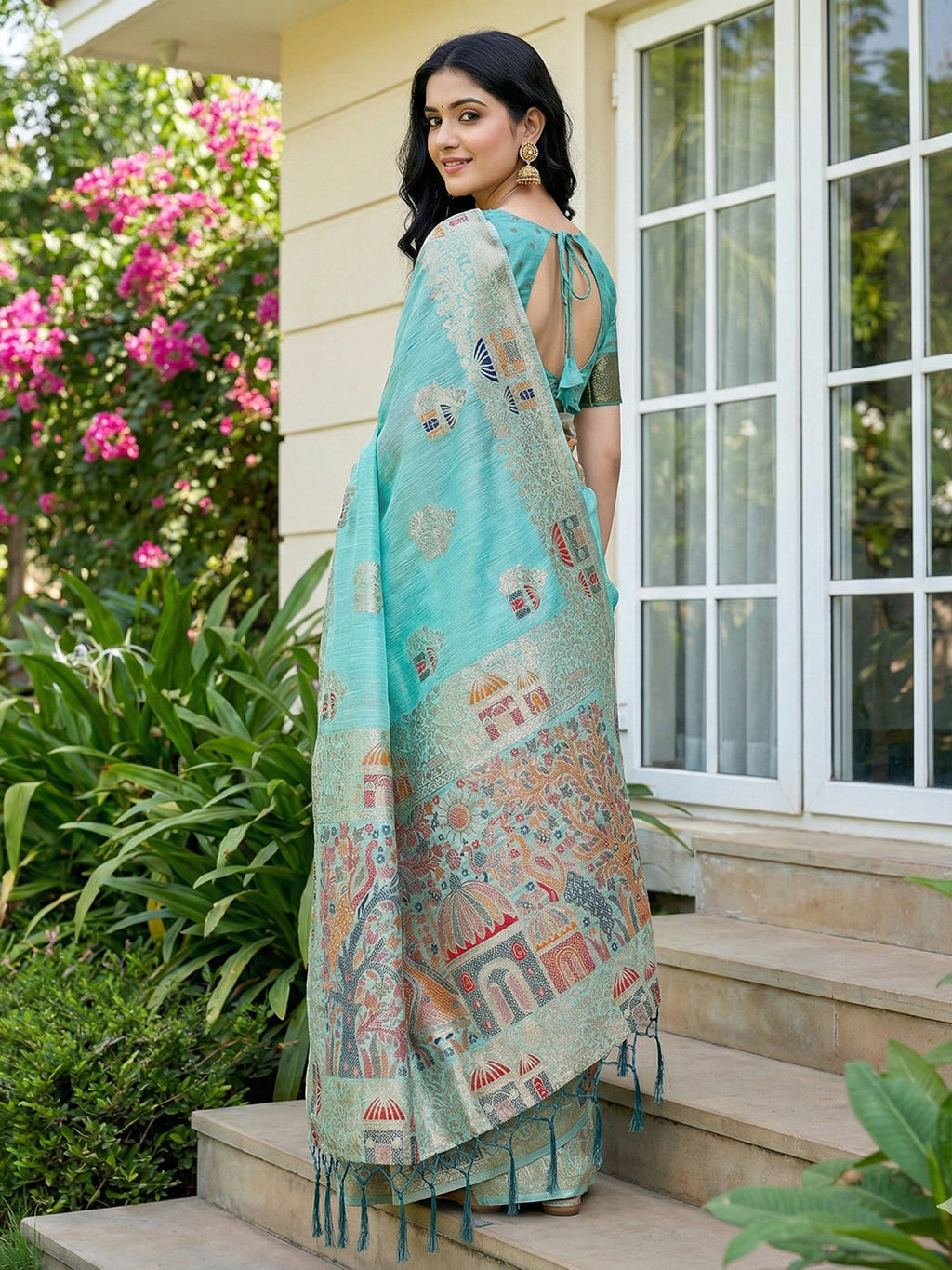 Anaita Sky Blue Linen Woven Work Saree With Blouse | Grocsy