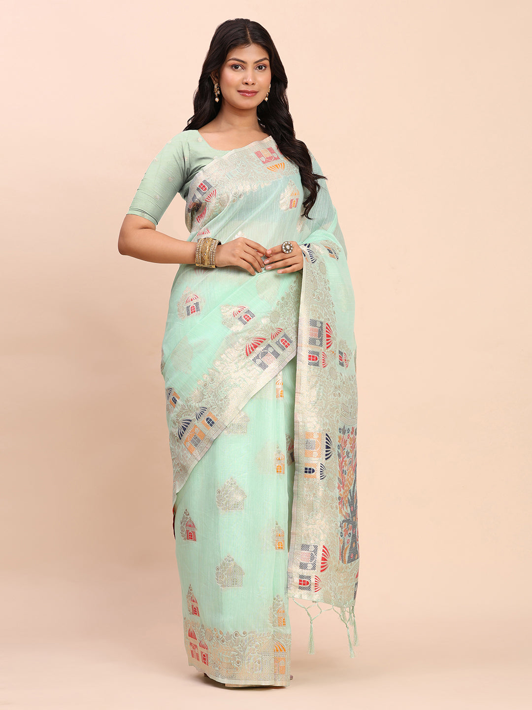 Anaita Sky Blue Linen Woven Work Saree With Blouse | Grocsy
