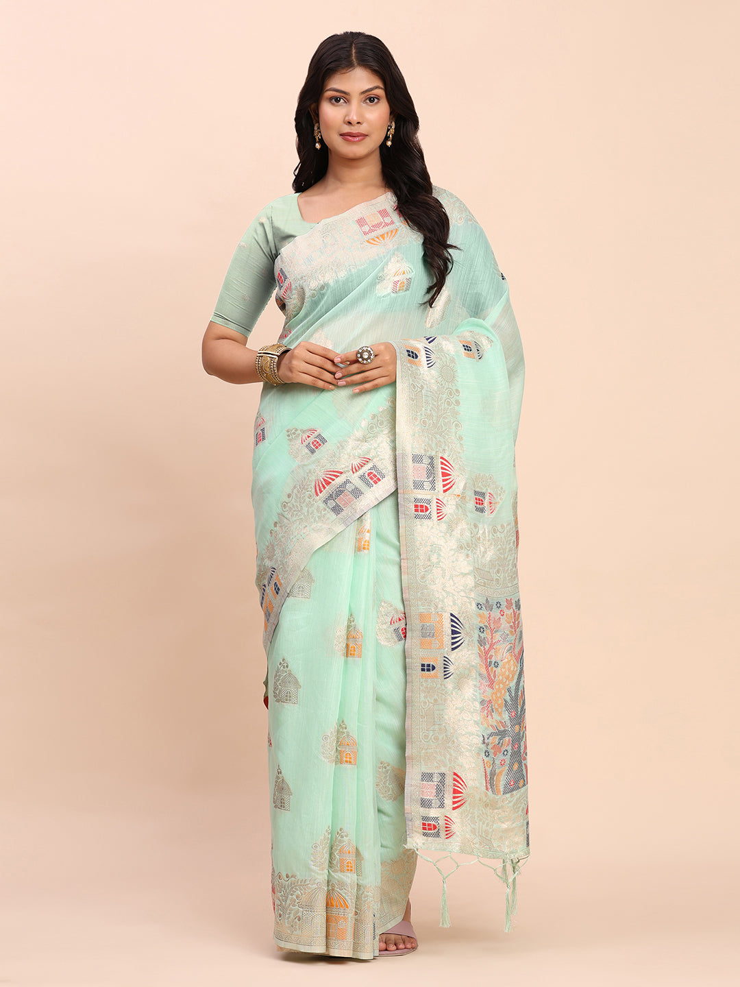 Anaita Sky Blue Linen Woven Work Saree With Blouse | Grocsy