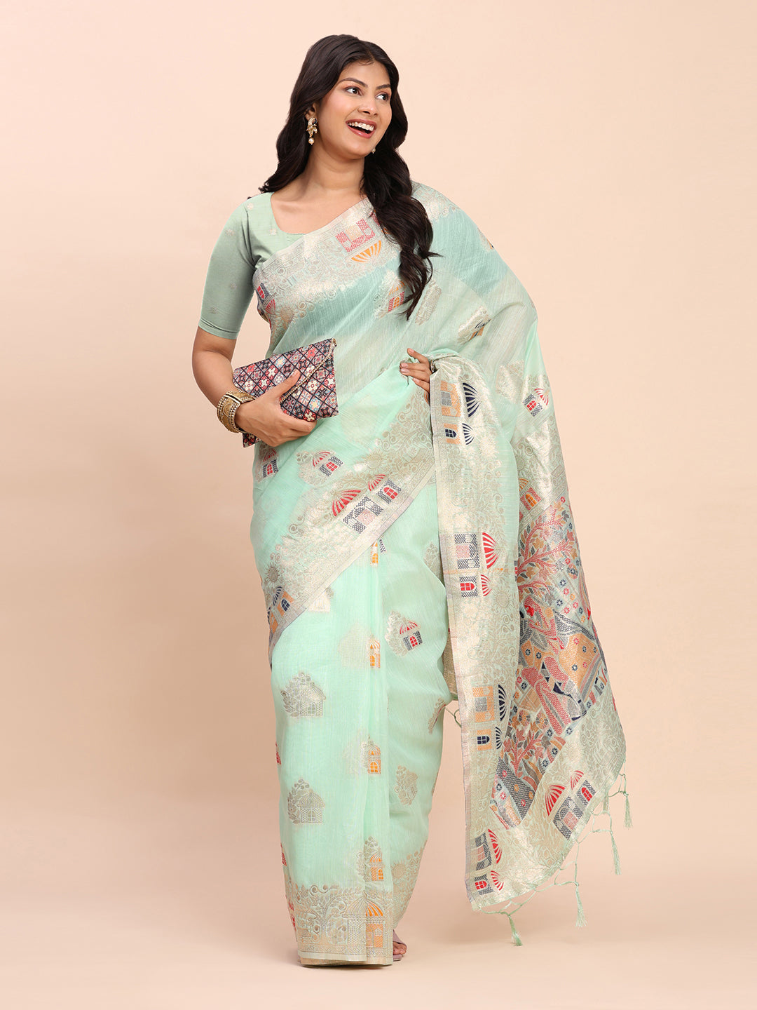 Anaita Sky Blue Linen Woven Work Saree With Blouse | Grocsy