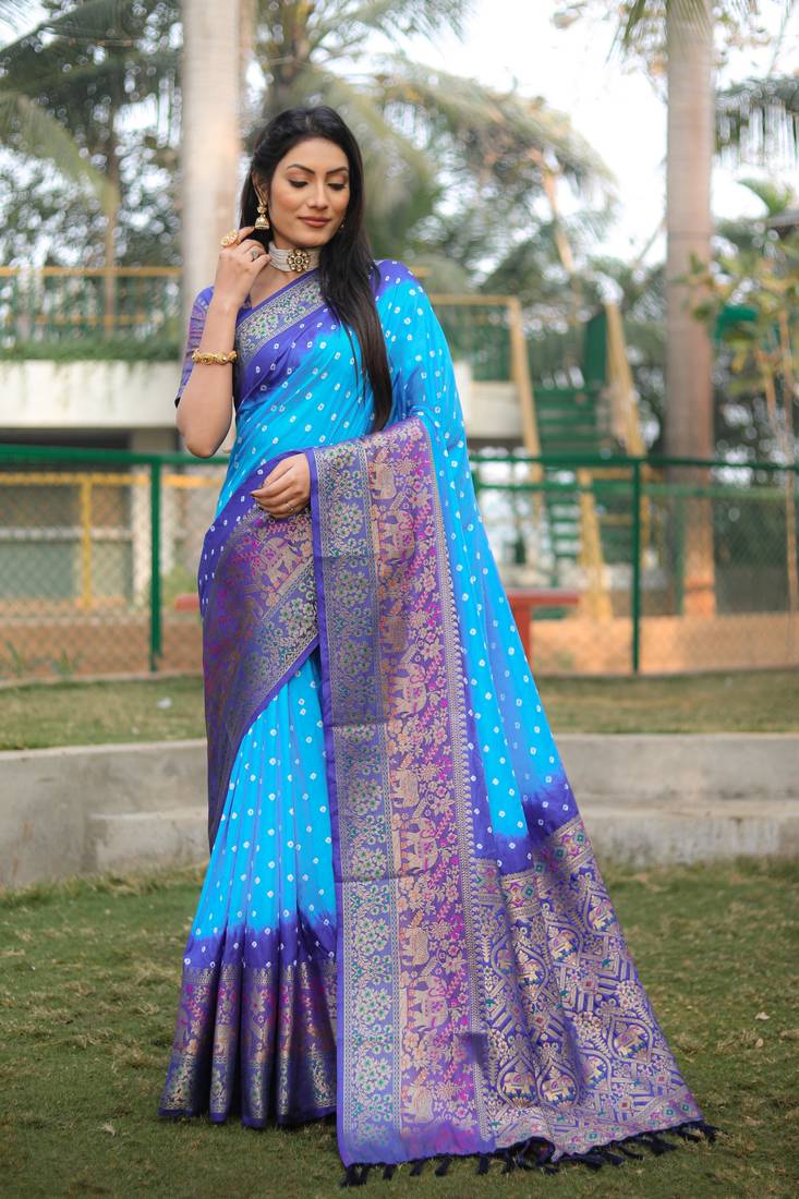 Anaita Sky Blue Woven Design Pure Bandhej Kanjivaram Soft Silk Saree | Grocsy
