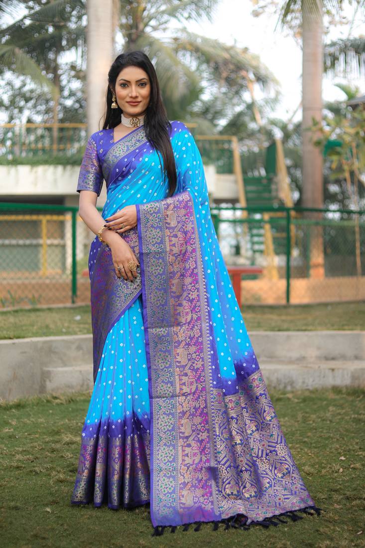 Anaita Sky Blue Woven Design Pure Bandhej Kanjivaram Soft Silk Saree | Grocsy
