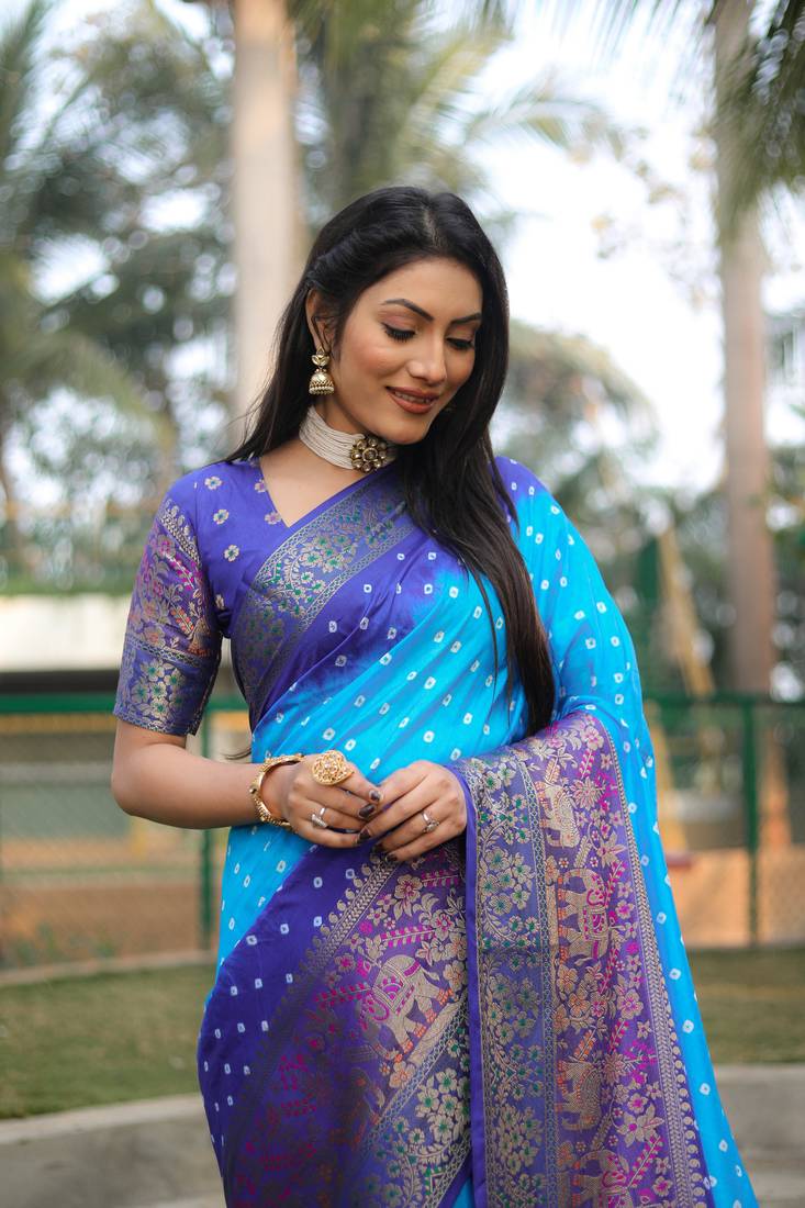 Anaita Sky Blue Woven Design Pure Bandhej Kanjivaram Soft Silk Saree | Grocsy