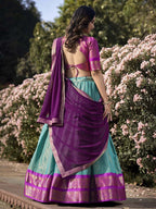 Lorenvalley Skyblue Kanchipuram Zari Weaving Work Lehenga Choli with Dupatta | Grocsy