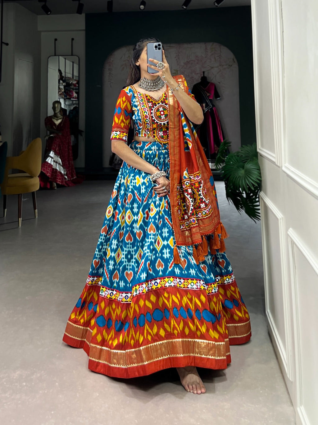 Lorenvalley Skyblue Tussar Silk Patola Print With Foil Work And Original Mirror Gamthi Lace Lehenga Choli with Dupatta | Grocsy