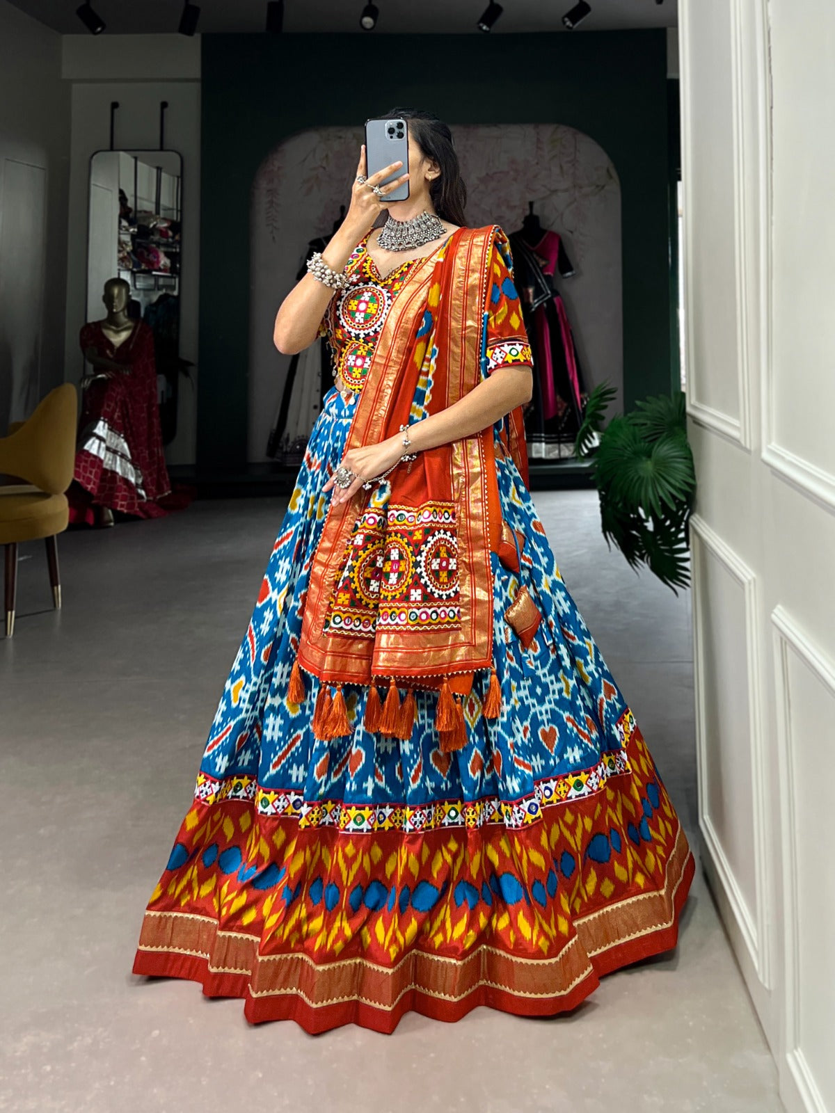 Lorenvalley Skyblue Tussar Silk Patola Print With Foil Work And Original Mirror Gamthi Lace Lehenga Choli with Dupatta | Grocsy