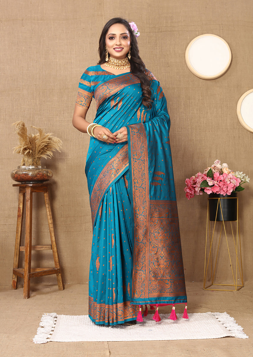 Lorenvalley Fashion Skyblue Soft Silk Copper Zari weaving Design Saree | Grocsy