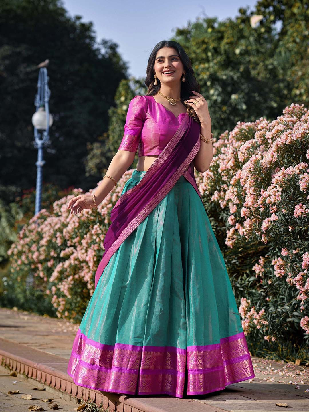 Lorenvalley Skyblue Kanchipuram Zari Weaving Work Lehenga Choli with Dupatta | Grocsy