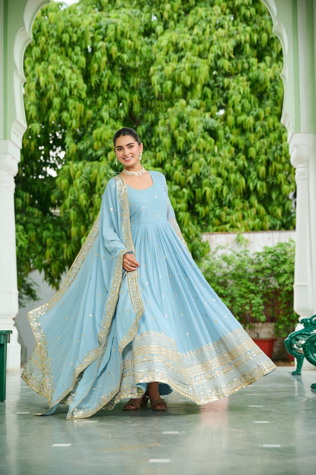Lorenvalley Fashion Skyblue Faux Georgette with Embroidered work Anarkali Gown with Dupatta | Grocsy