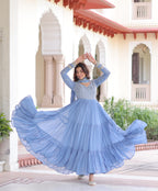 Lorenvalley Fashion Skyblue Faux Georgette with Zari & Sequins Embroidered Work Anarkali Gown with Dupatta | Grocsy
