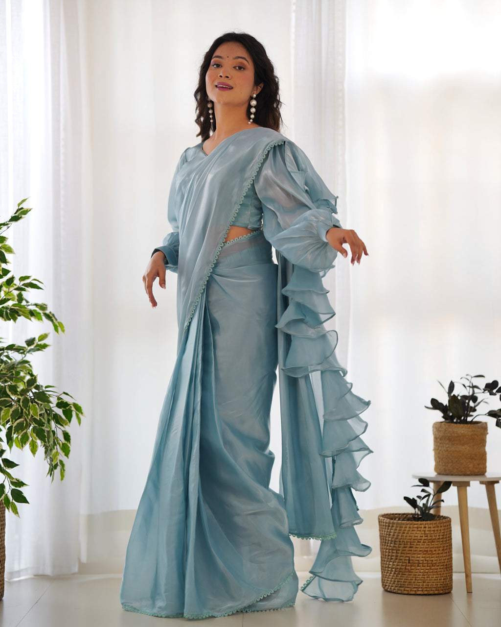 Lorenvalley Ready to wear Jimmy Choo Organza Fabric Border Lace Work Predrapped Saree | Grocsy