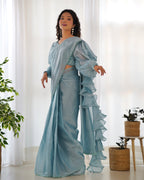 Lorenvalley Ready to wear Jimmy Choo Organza Fabric Border Lace Work Predrapped Saree | Grocsy