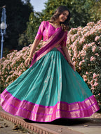 Lorenvalley Skyblue Kanchipuram Zari Weaving Work Lehenga Choli with Dupatta | Grocsy