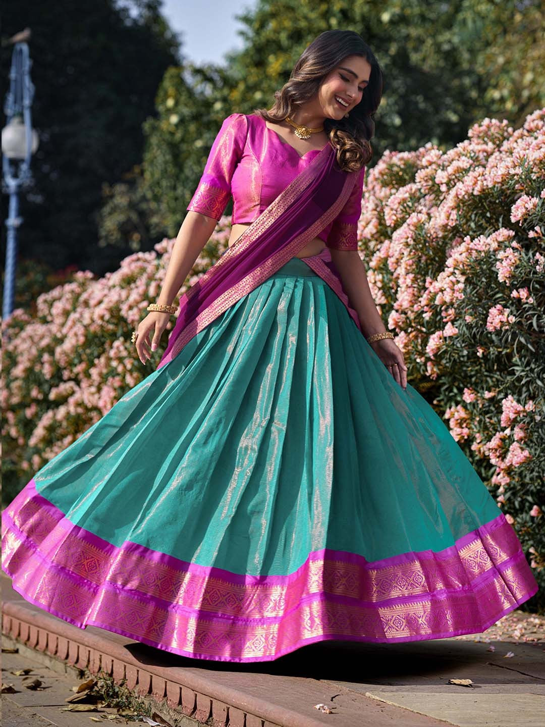 Lorenvalley Skyblue Kanchipuram Zari Weaving Work Lehenga Choli with Dupatta | Grocsy