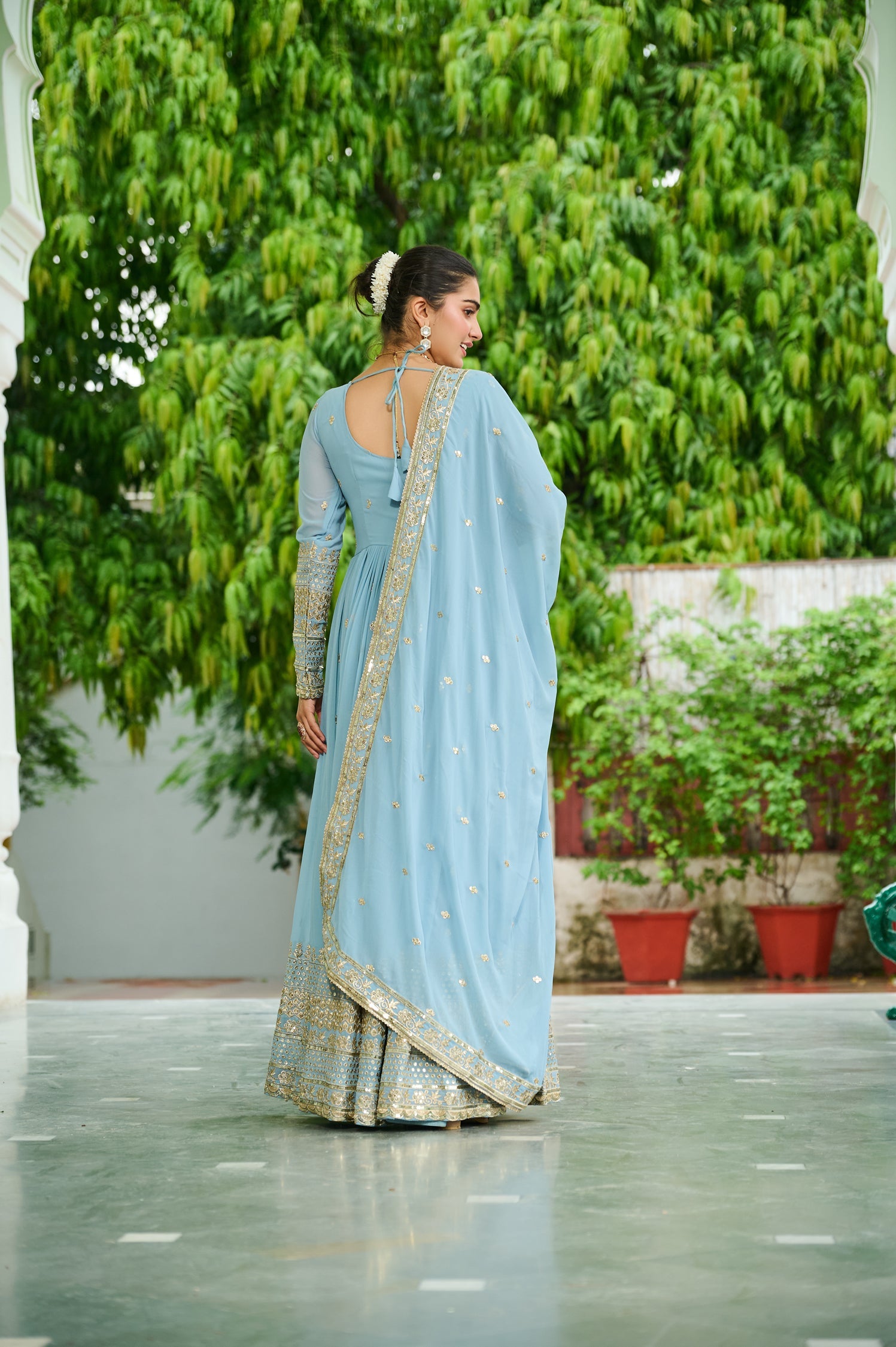 Lorenvalley Fashion Skyblue Faux Georgette with Embroidered work Anarkali Gown with Dupatta | Grocsy