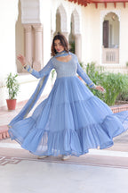 Lorenvalley Fashion Skyblue Faux Georgette with Zari & Sequins Embroidered Work Anarkali Gown with Dupatta | Grocsy