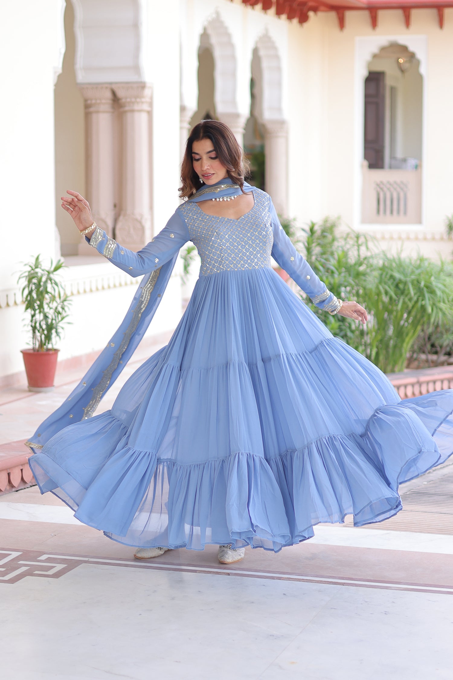 Lorenvalley Fashion Skyblue Faux Georgette with Zari & Sequins Embroidered Work Anarkali Gown with Dupatta | Grocsy