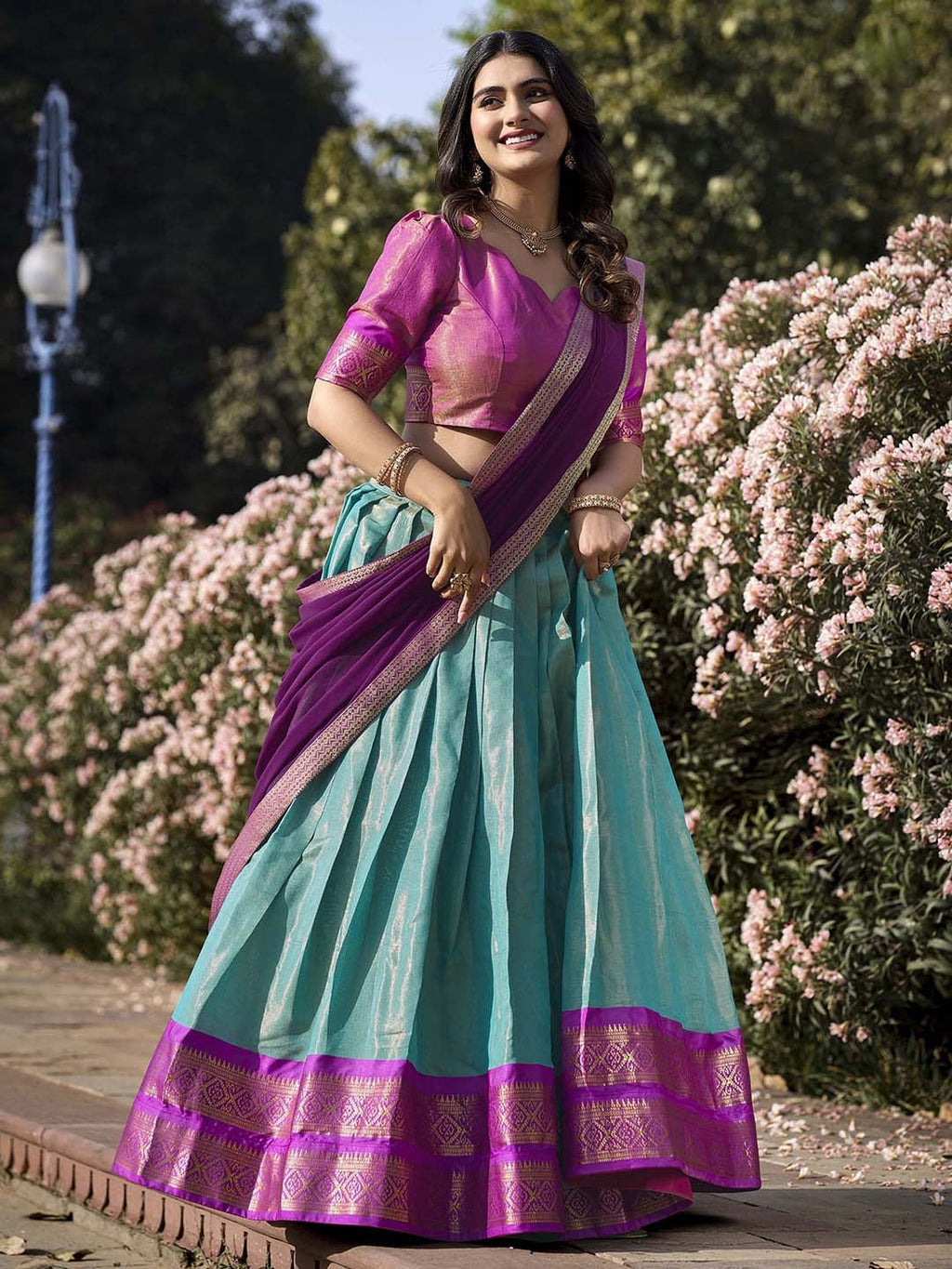 Lorenvalley Skyblue Kanchipuram Zari Weaving Work Lehenga Choli with Dupatta | Grocsy