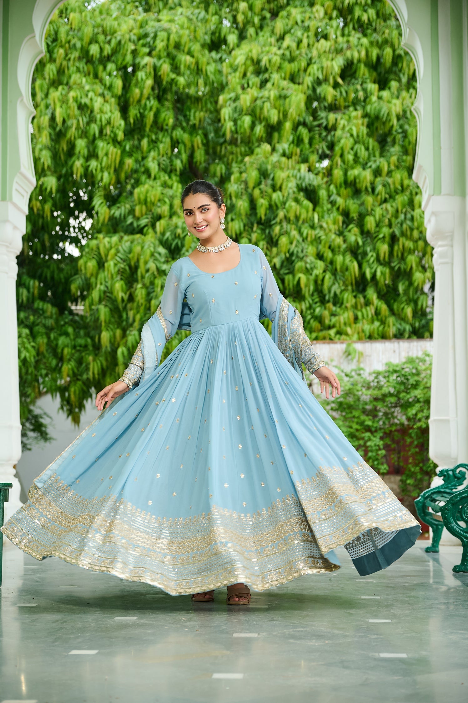 Lorenvalley Fashion Skyblue Faux Georgette with Embroidered work Anarkali Gown with Dupatta | Grocsy