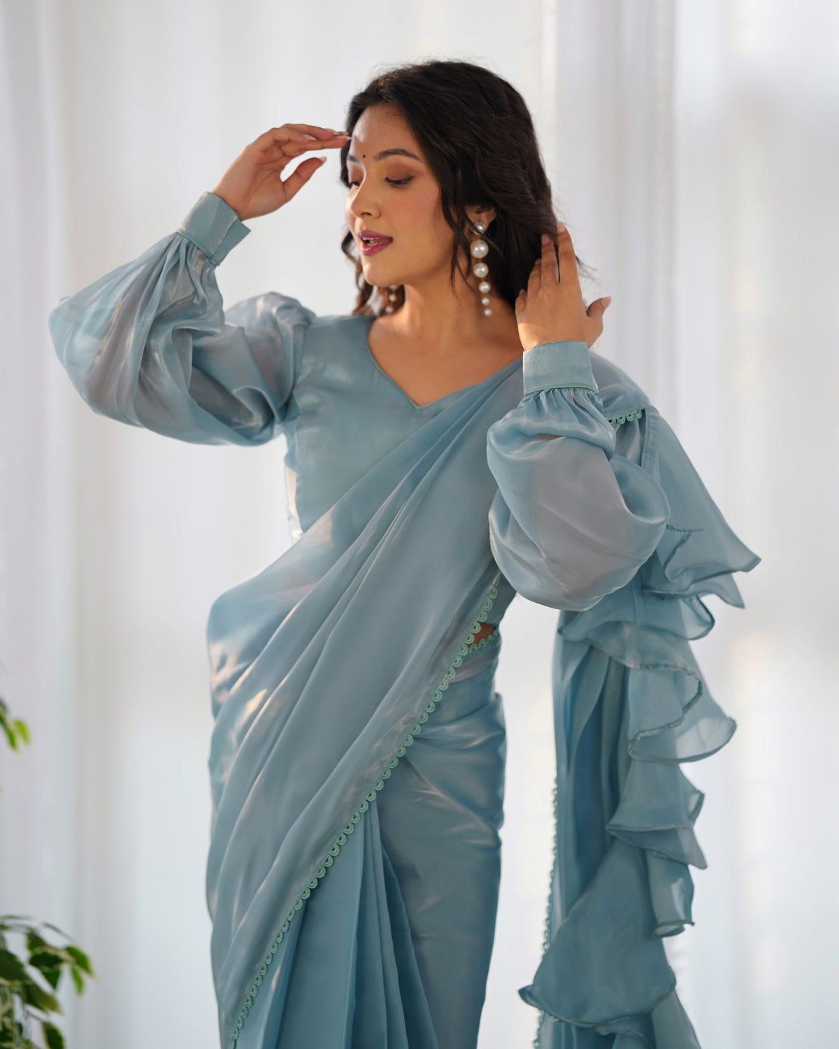 Lorenvalley Ready to wear Jimmy Choo Organza Fabric Border Lace Work Predrapped Saree | Grocsy