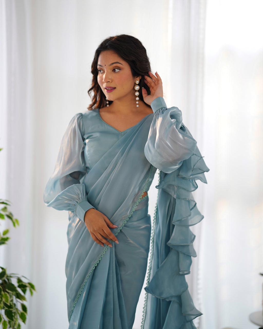 Lorenvalley Ready to wear Jimmy Choo Organza Fabric Border Lace Work Predrapped Saree | Grocsy