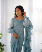 Lorenvalley Ready to wear Jimmy Choo Organza Fabric Border Lace Work Predrapped Saree | Grocsy