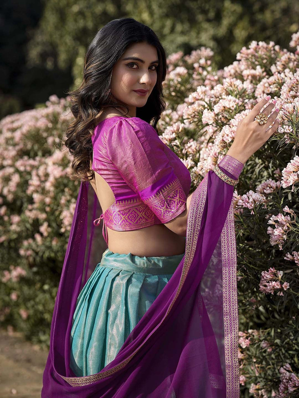 Lorenvalley Skyblue Kanchipuram Zari Weaving Work Lehenga Choli with Dupatta | Grocsy