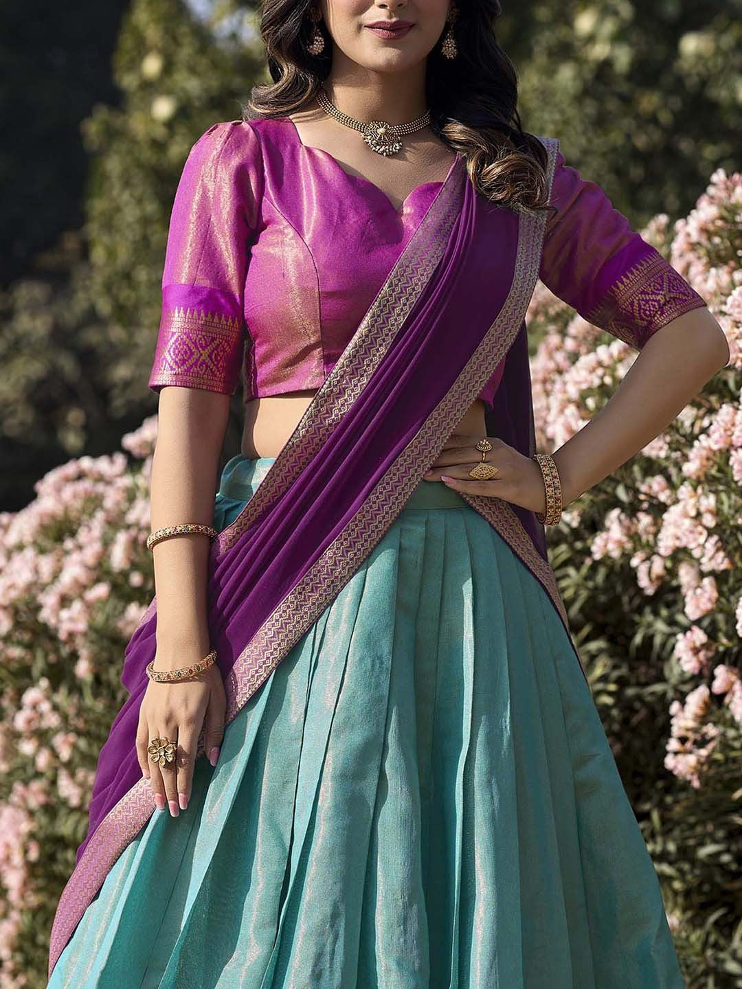 Lorenvalley Skyblue Kanchipuram Zari Weaving Work Lehenga Choli with Dupatta | Grocsy