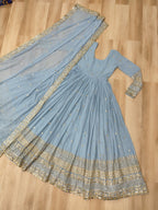 Lorenvalley Fashion Skyblue Faux Georgette with Embroidered work Anarkali Gown with Dupatta | Grocsy