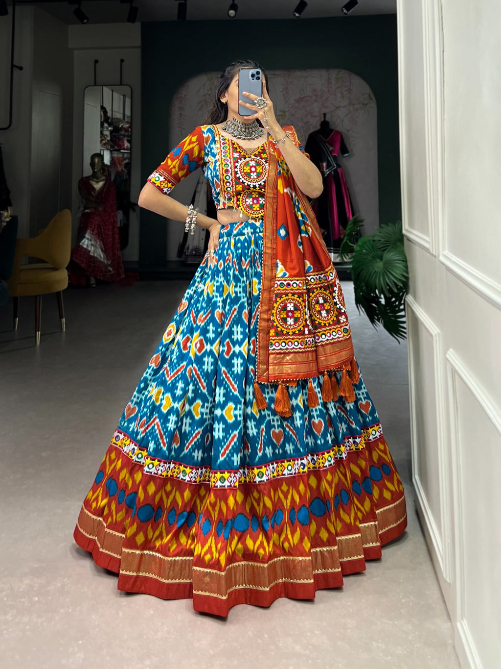 Lorenvalley Skyblue Tussar Silk Patola Print With Foil Work And Original Mirror Gamthi Lace Lehenga Choli with Dupatta | Grocsy