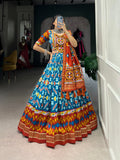 Lorenvalley Skyblue Tussar Silk Patola Print With Foil Work And Original Mirror Gamthi Lace Lehenga Choli with Dupatta | Grocsy