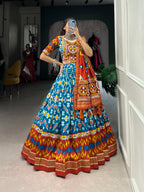 Lorenvalley Skyblue Tussar Silk Patola Print With Foil Work And Original Mirror Gamthi Lace Lehenga Choli with Dupatta | Grocsy