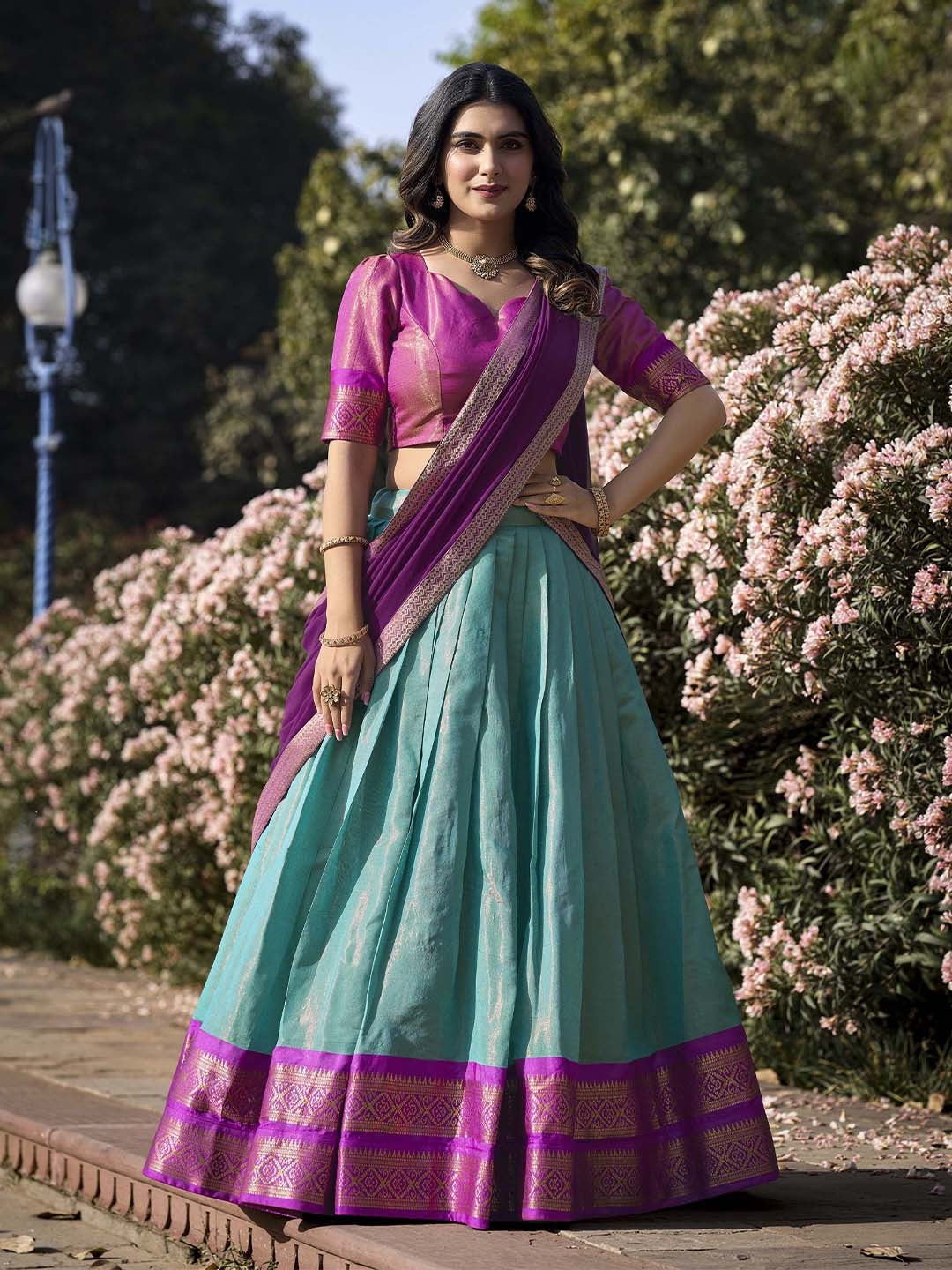 Lorenvalley Skyblue Kanchipuram Zari Weaving Work Lehenga Choli with Dupatta | Grocsy