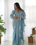 Lorenvalley Ready to wear Jimmy Choo Organza Fabric Border Lace Work Predrapped Saree | Grocsy