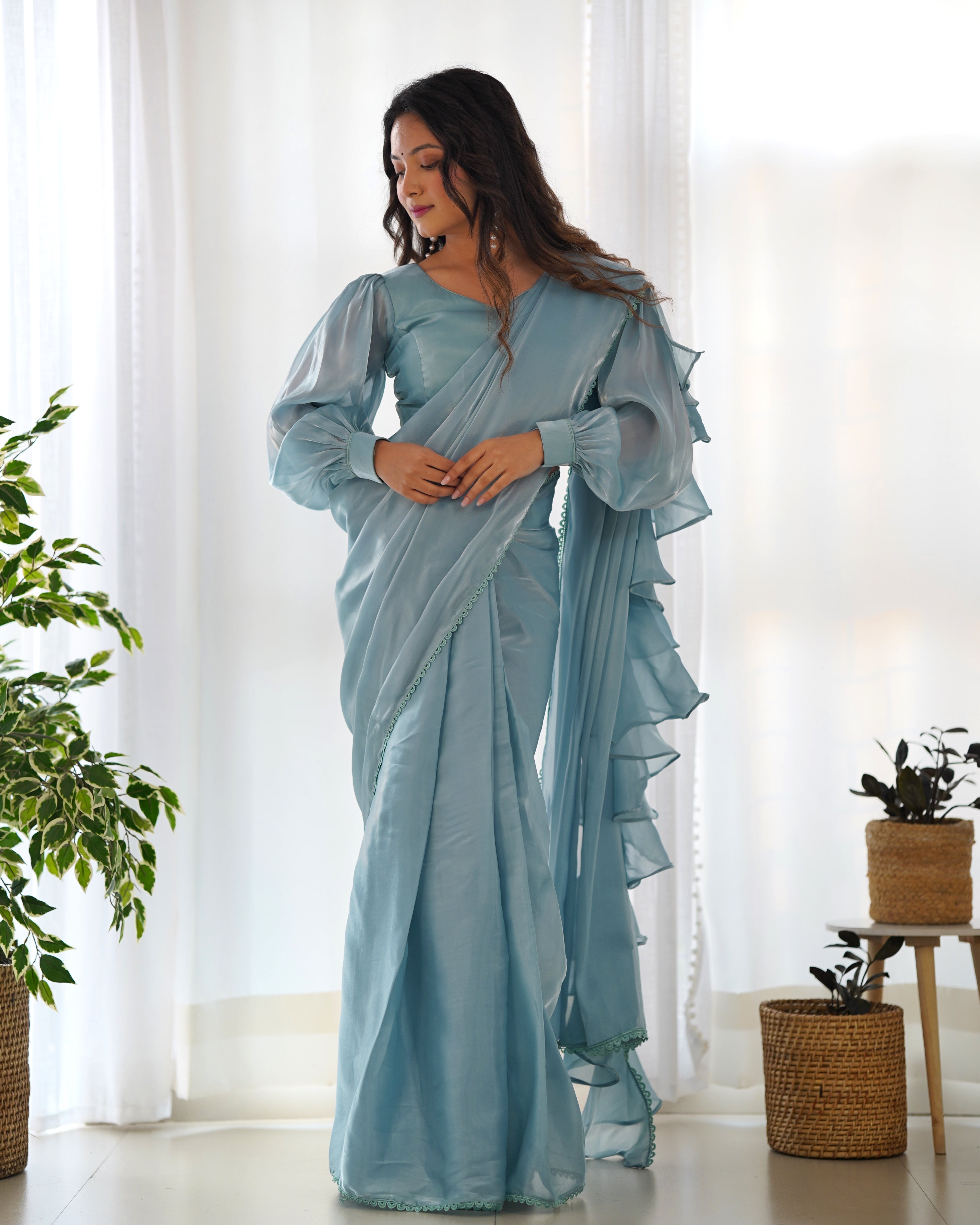 Lorenvalley Ready to wear Jimmy Choo Organza Fabric Border Lace Work Predrapped Saree | Grocsy