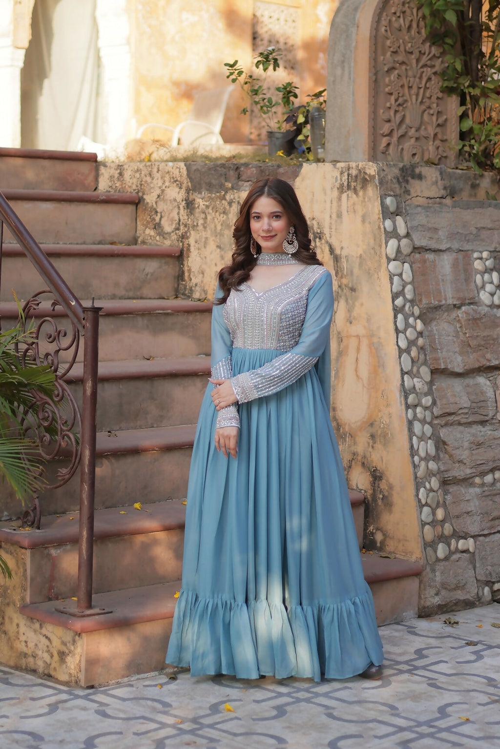 Joban Fashion Sky Blue Georgette Sequence Embroidery Work Kurta Set | Grocsy