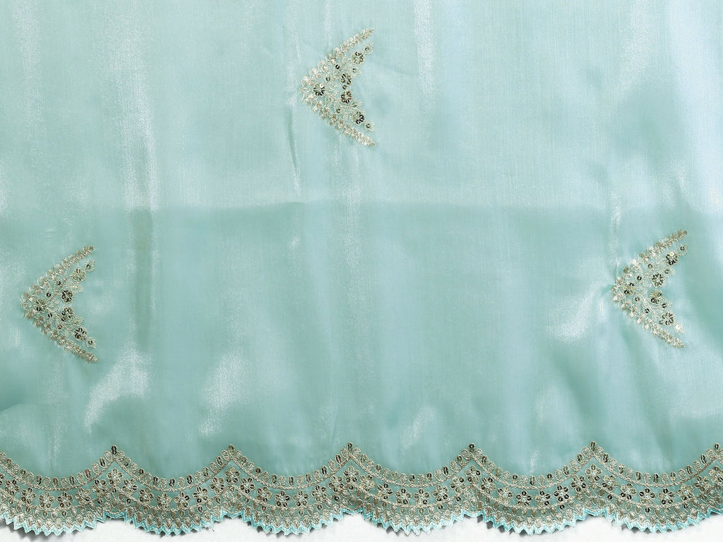 Vastranavya Sky Blue Embroidery Work Shimmer Chiffon Saree with Unstitched Blouse | Grocsy