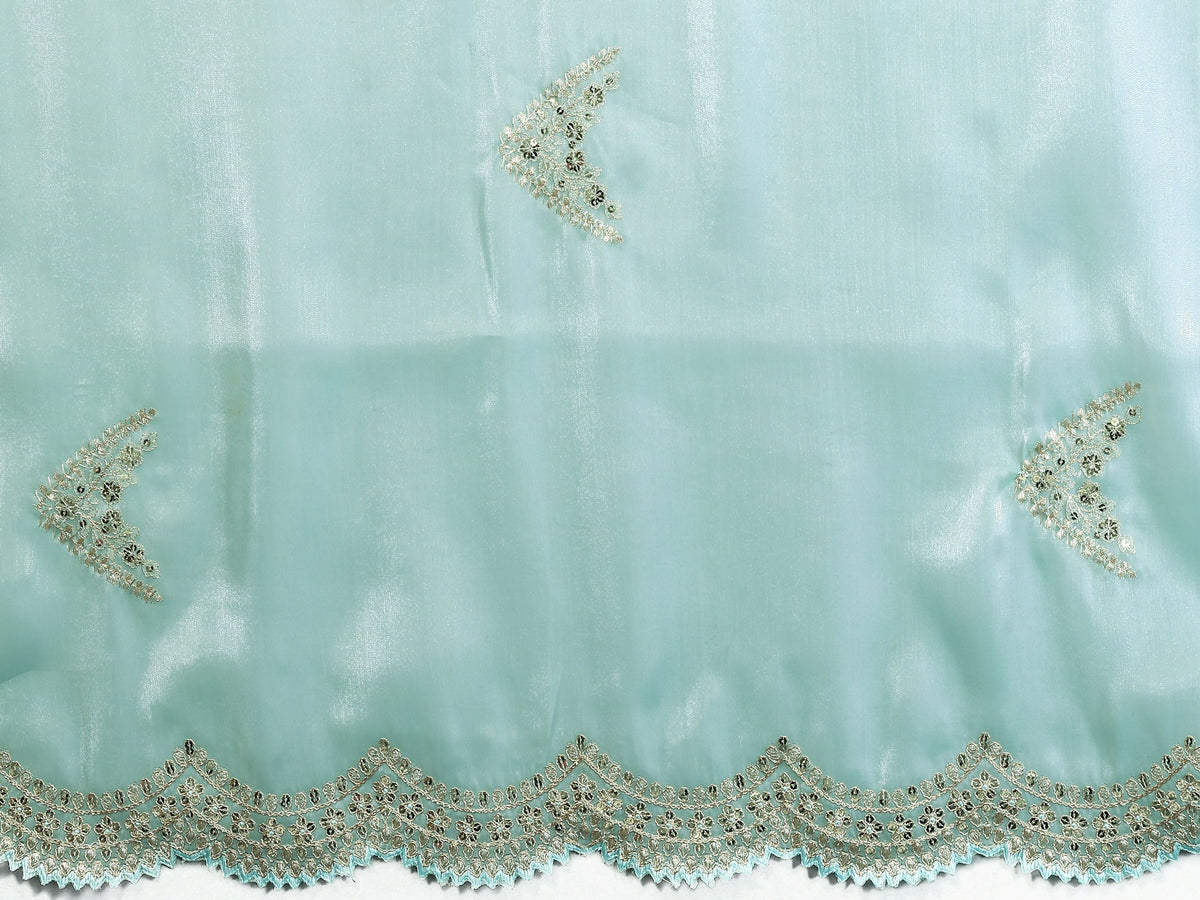 Vastranavya Sky Blue Embroidery Work Shimmer Chiffon Saree with Unstitched Blouse | Grocsy