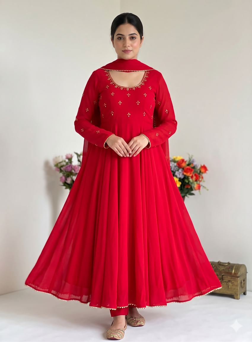 Teeya Creation New Trendy Party Wear Look Gerorrget Gown With Pant Dupatta Set - Red | Grocsy